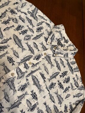 Eddie Bauer Short Sleeve Button Down Shirt TL Fishing Pattern AOP Cotton Casual